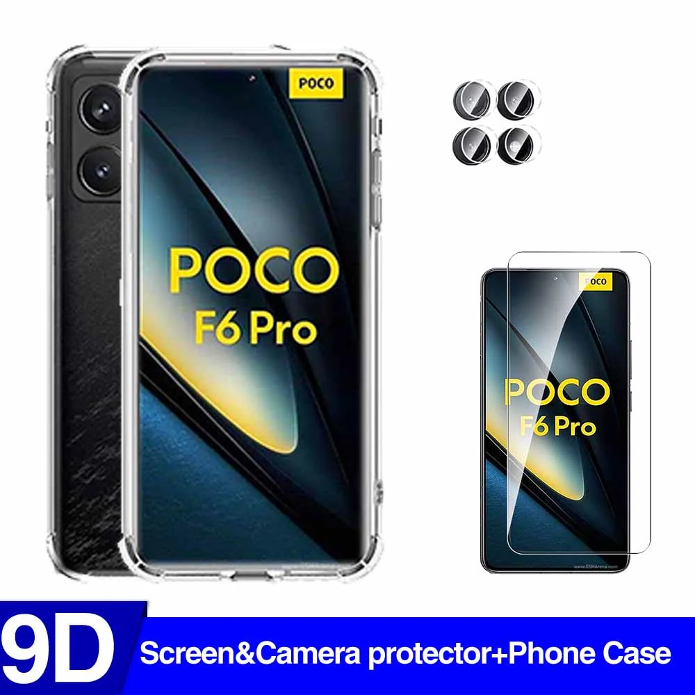 حافظة PocoF6Pro 3In1 لعدسة الكاميرا واقي للشاشة من الزجاج المقسى وغطاء ناعم من البولي يوريثان الشفاف لهاتف Xiaomi Poco F6 Pro F6Pro PocoF6 Pro