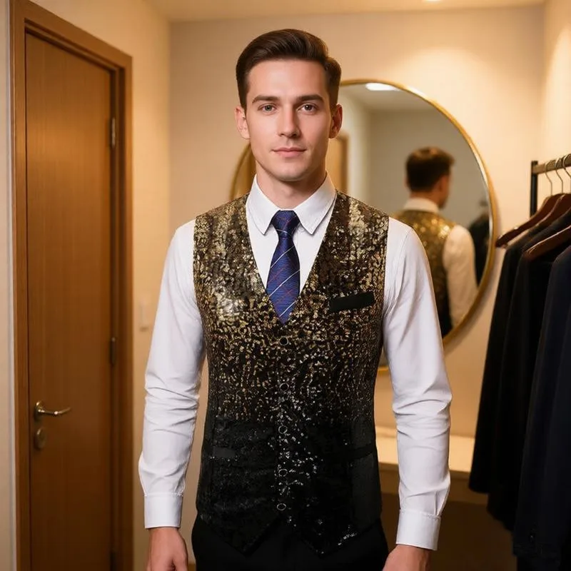 2026 New Fashion Men's Black Gold Gradient Sequin V-Neck Formal Waistcoat Party Show Vest