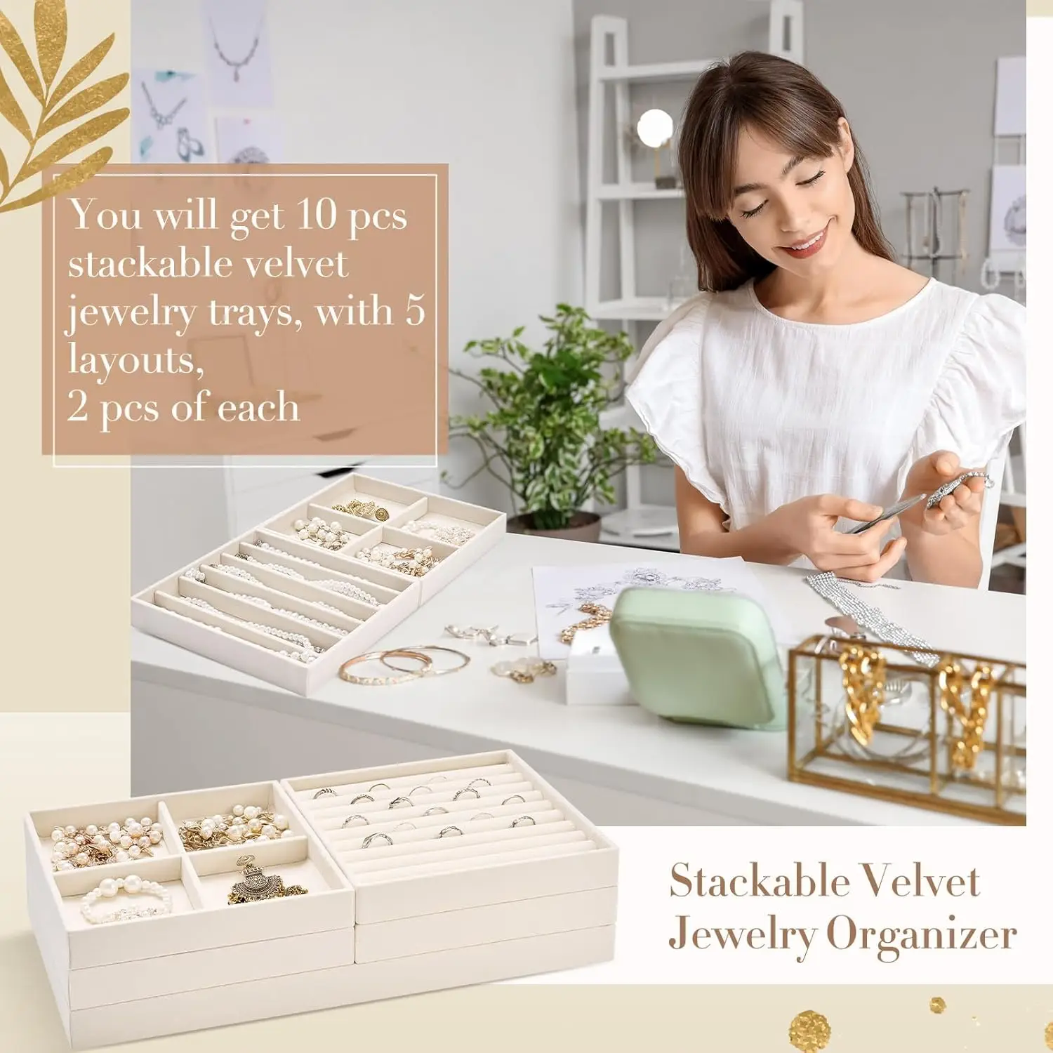 10-Piece Stackable Jewelry Organizer Trays, 14' Velvet Drawer Insert with Removable Divider for Necklaces, Earrings, Rings, Watc