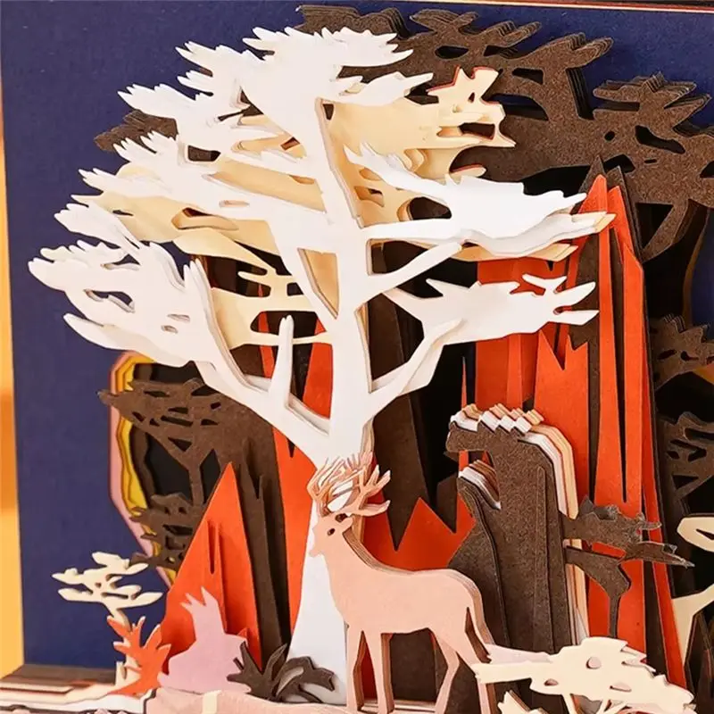 Y51A 3D Paper Carving Art Calendar 2025 - Office Desktop Ornament, Birthday Gift, Stress Relief, See the Deer in the Deep Forest