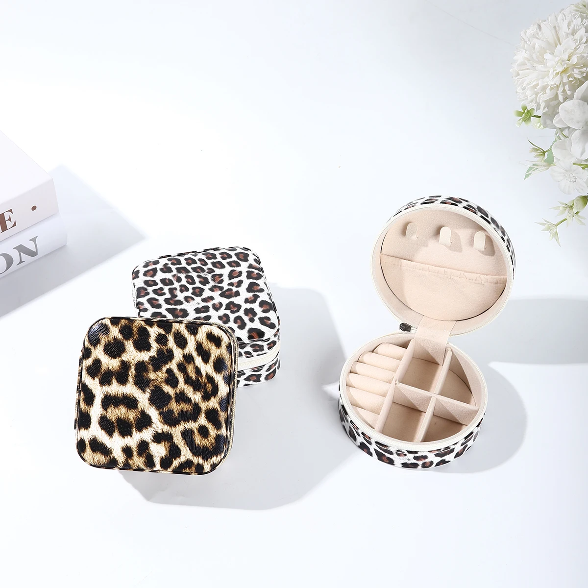

10Pc Leopard Print PU Leather Jewelry Box Compact Portable Organizer with Divided Compartments Earring Slots Lightweight Travel