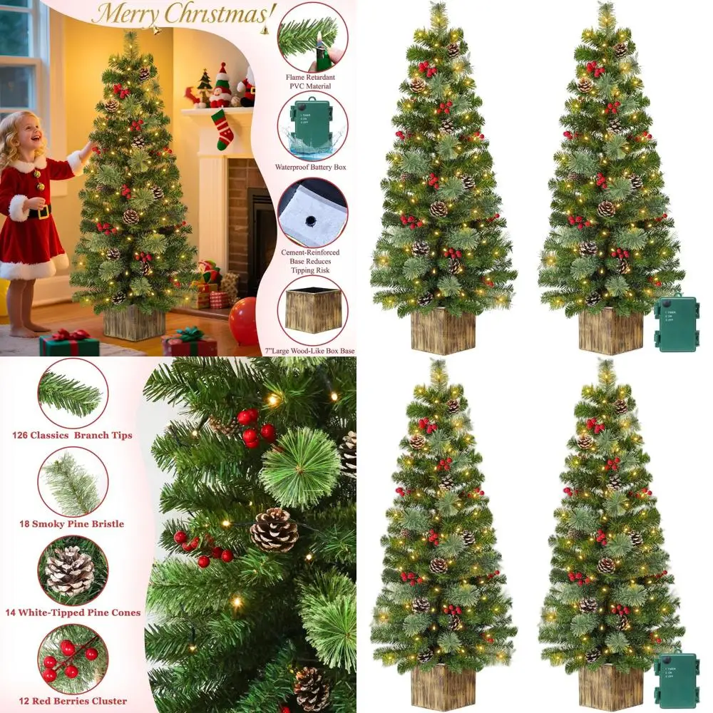 

Рождественская входная елка высотой 4 фута с батарейным питанием и 7 основанием, 60 светодиодных фонарей, 126 ветвей, 18 сосновых щетинок, 14 шишек, 12 ягод