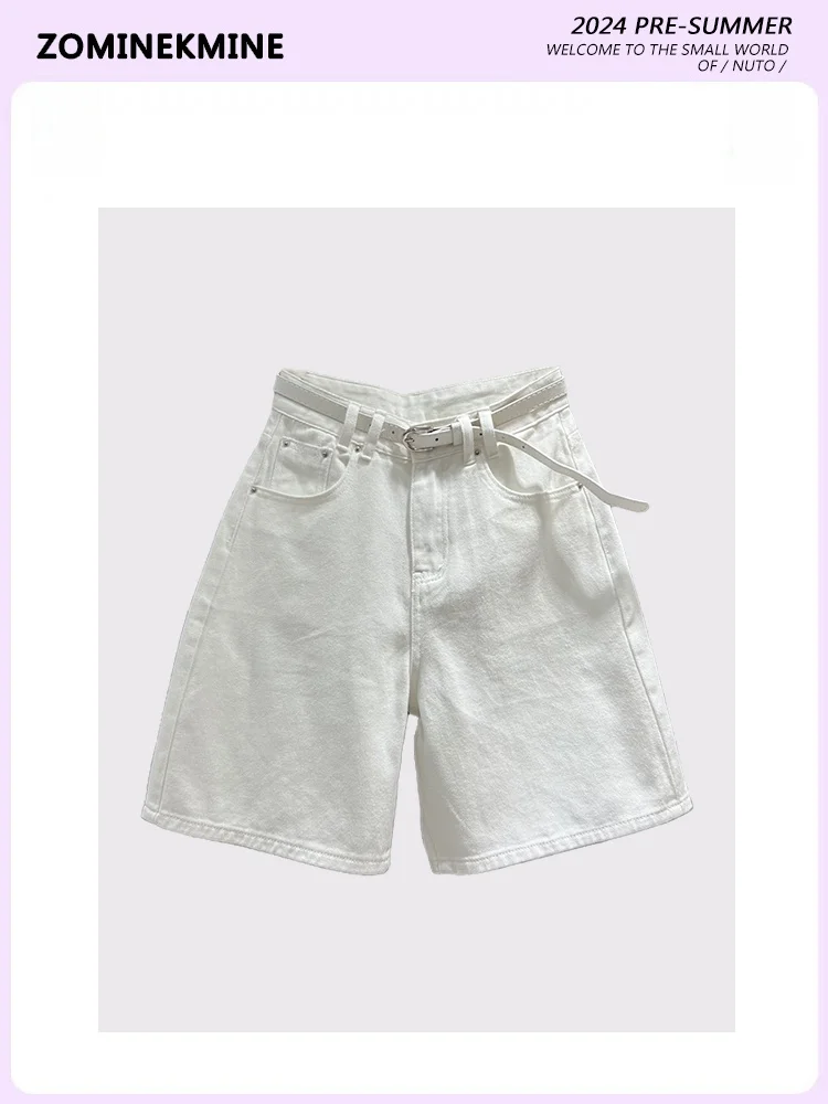 

High Waist Versatile White Denim Shorts for Women Summer 2024 Cotton Stretch Jeans Straight Leg Zipper Fly Four Seasons Unive...