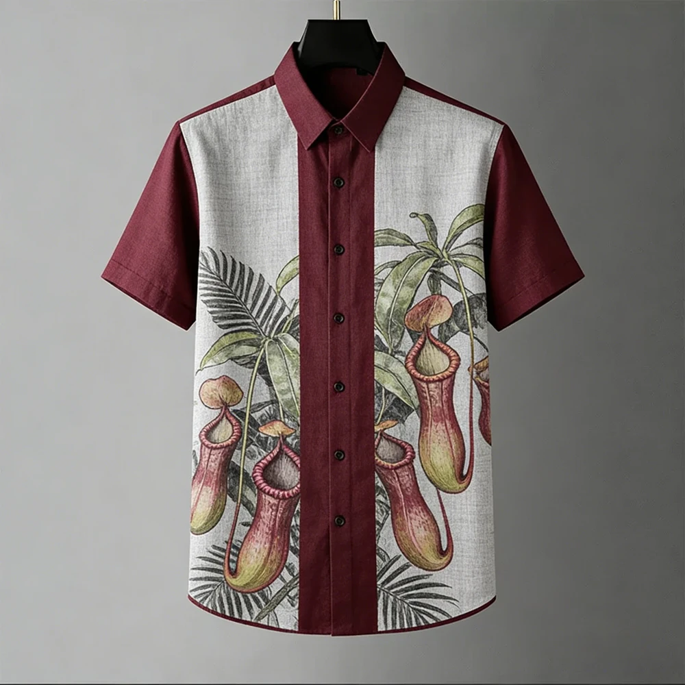 

2026 Men's Fashion Linen Short Sleeve Shirt Green Plant 3D Printed Shirt Beach Vacation Outdoor Social Clothes Men Fast Shipping