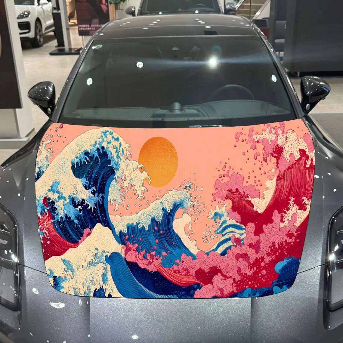 

Colorful Great Wave Ukiyo-e Style PVC Car Hood Wraps, Self-Adhesive Waterproof Car Bonnet Decal Sticker, Car Decoration Protecti
