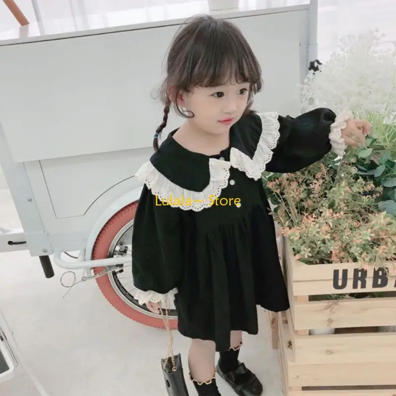 

Y4QA Child Girl Dress Cotton Toddler Long Dresses Suit Baby Spring Dress Toddler Girls Autumn Skirt French Lace Neck Dress