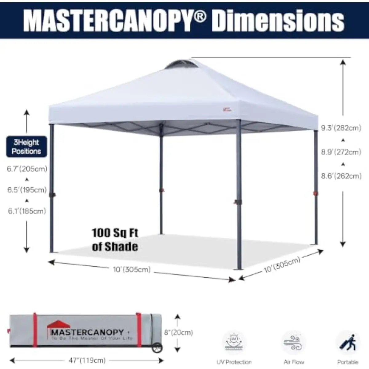10x10 Instant-Setup Pop-Up Canopy Tent in White | UPF 50+ Silver-Coated 150D Polyester Shade | 8.5–9.1 ft Adjustable Height | We