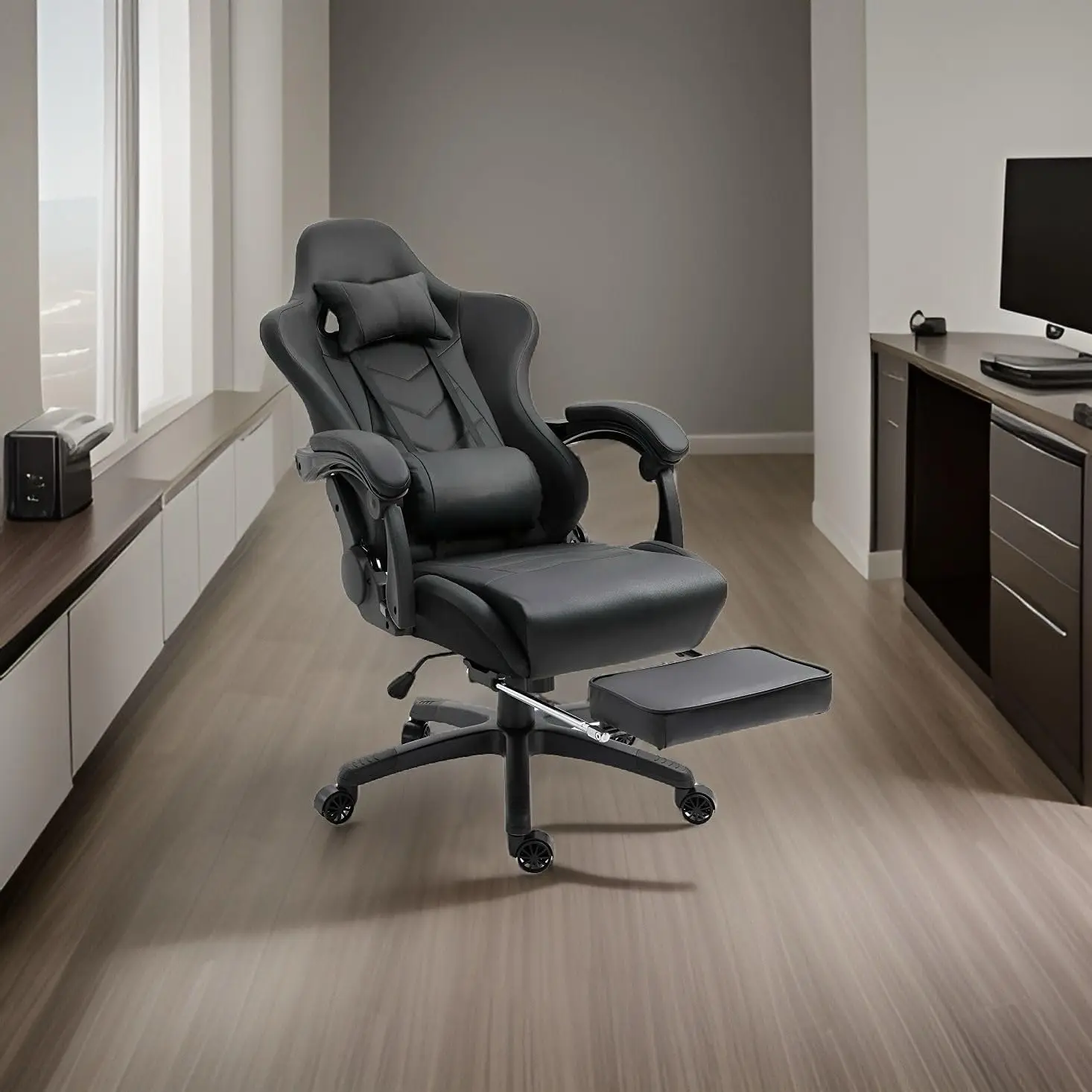 ﻿  Leather Office Gaming Chair with Ergonomic and Lumbar Support Retractable Footrests Silent Casters