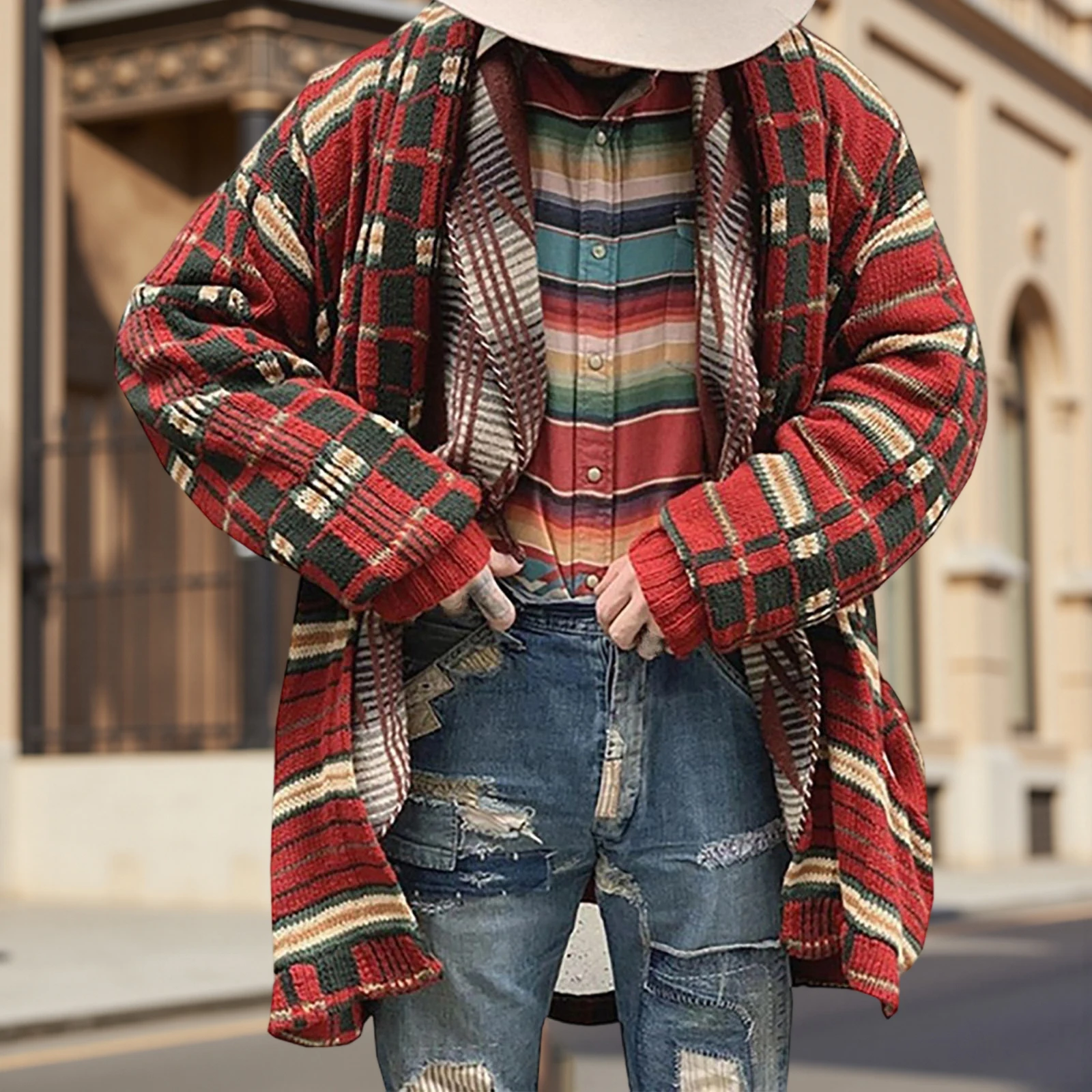 الرجعية المرأة الخريف الشتاء سترة سترة طويلة الأكمام مفتوحة الجبهة منقوشة طباعة تريكو