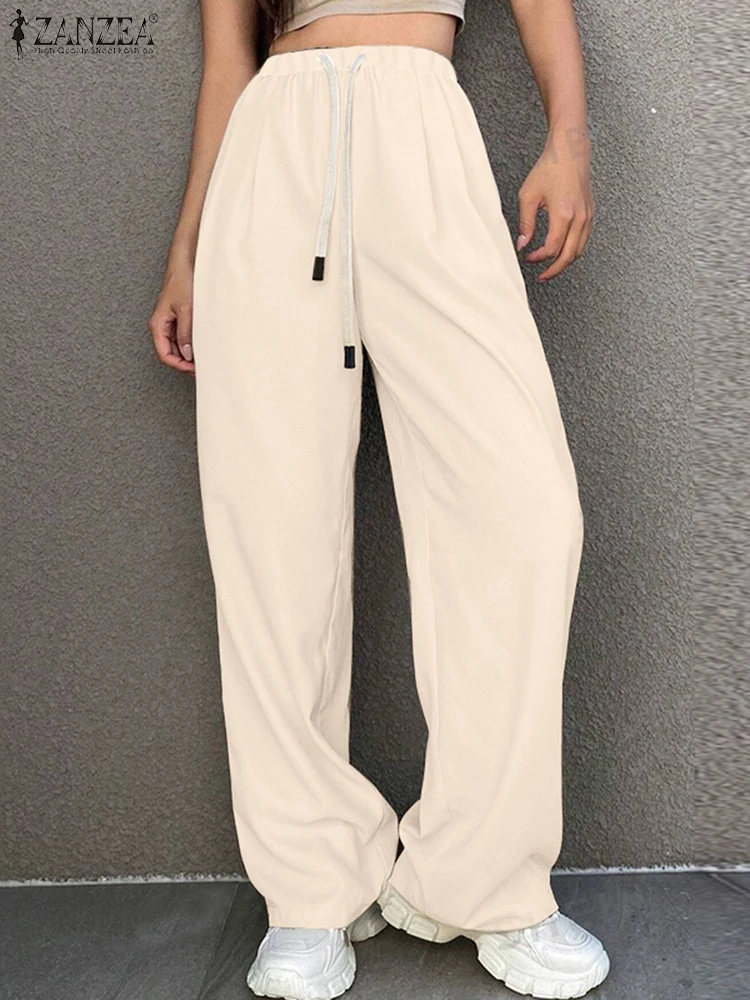 

Casual Loose Stripes Splicing Drawstring Pantalon ZANZEA Women Wide Leg Knitted Pants Elastic Waist Trousers Sport Style Bottoms
