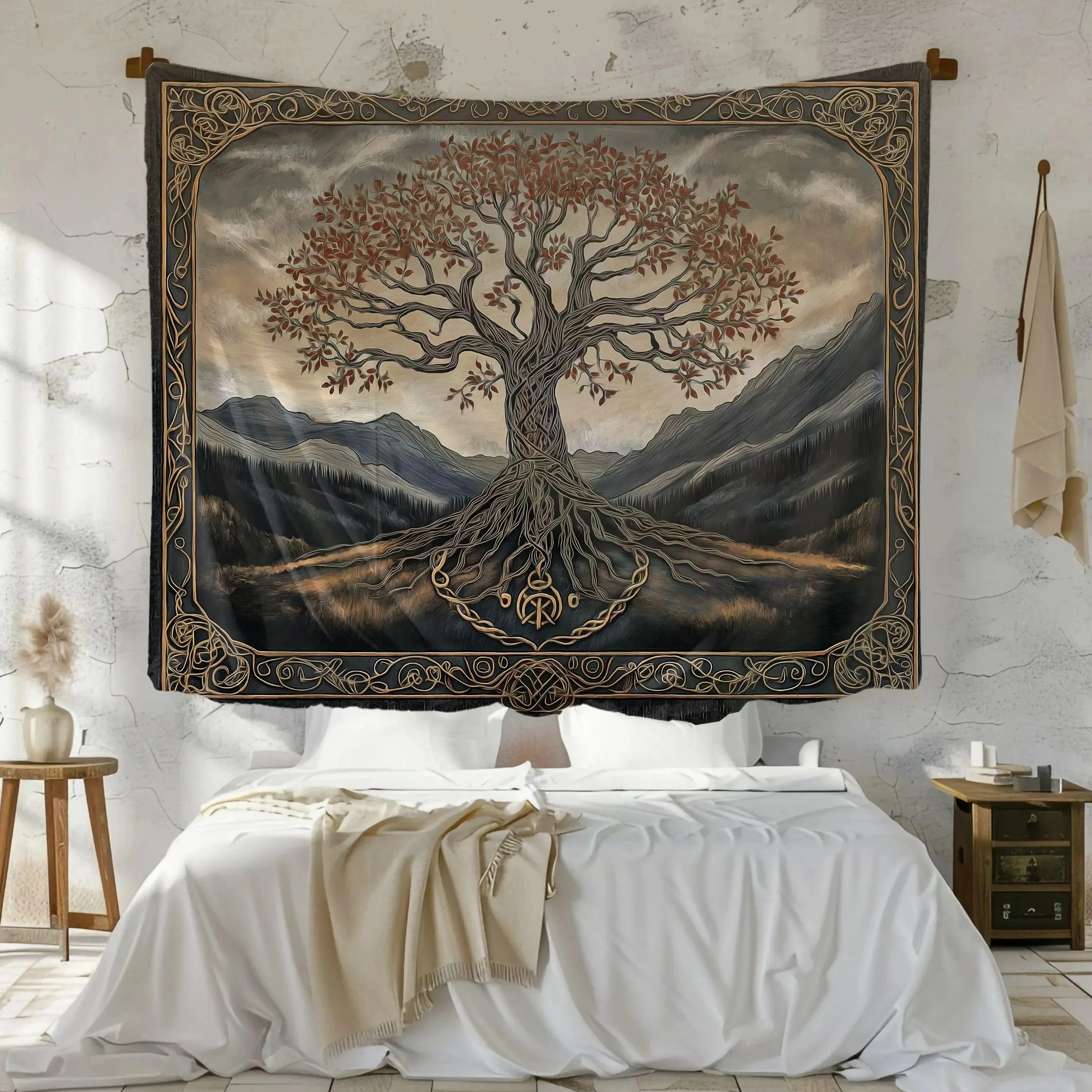 

Tree of Life Tapestry Yggdrasil Celtic Knot Wall Hanging Peach Skin Fabric Vintage Mountain Nature Home Decor for Bedroom Dorm