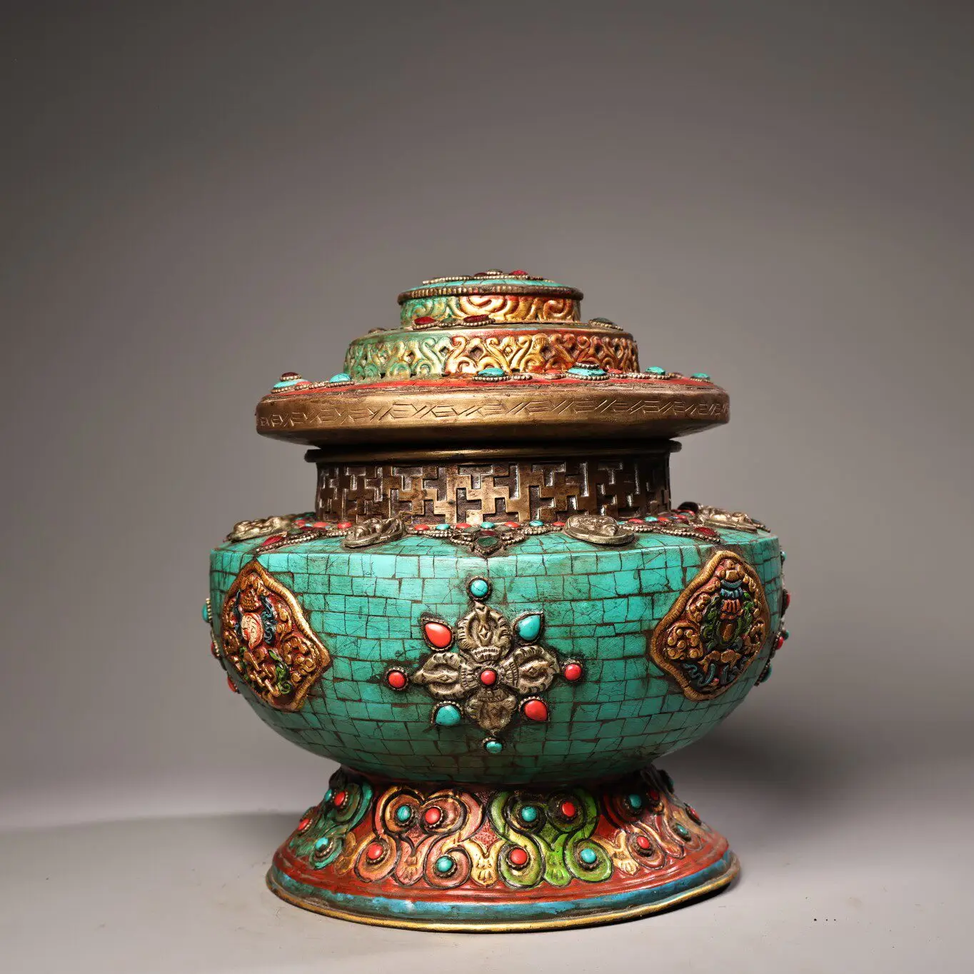 Vintage Chinese Tibetan Copper Gemstone Inlaid Gold Painted Eight Auspicious Symbols Treasure Pot Heavy Patina