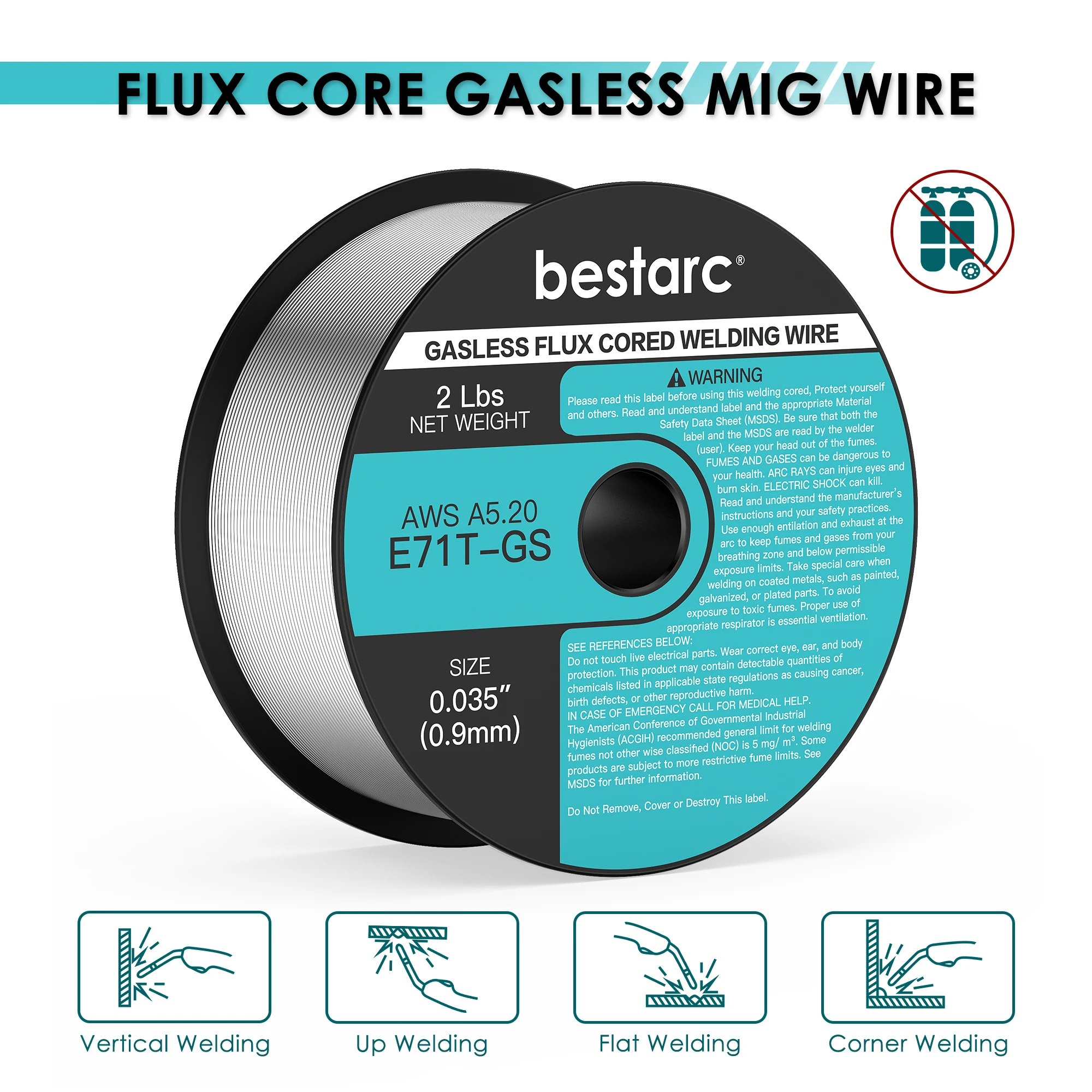 bestarc Flux Core Welding Wire, 0.035” E71T-GS Gasless MIG Wire, Mild Steel MIG Welding Wire with Low Splatter, 2-Pound Spool