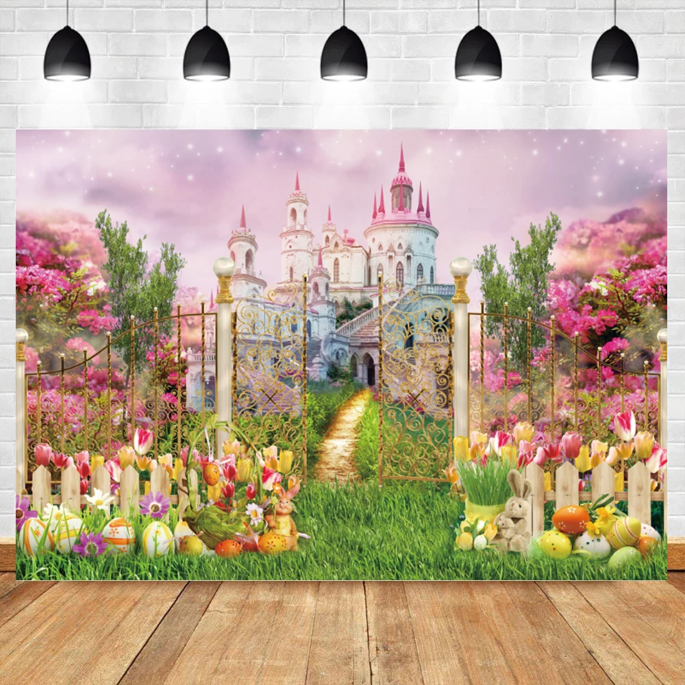 

Spring Easter Photography Background Fairytale Castle Rabbit Flowers Grassland Princess Birthday Portrait Photographic Backdrop