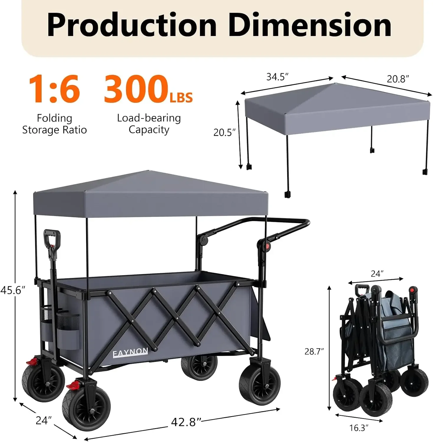 3 in 1 Collapsible Wagon with 300lbs Weight Capacity,150L Heavy Duty Utility Cart with Removable Canopy,with Big All-Terrain Bea