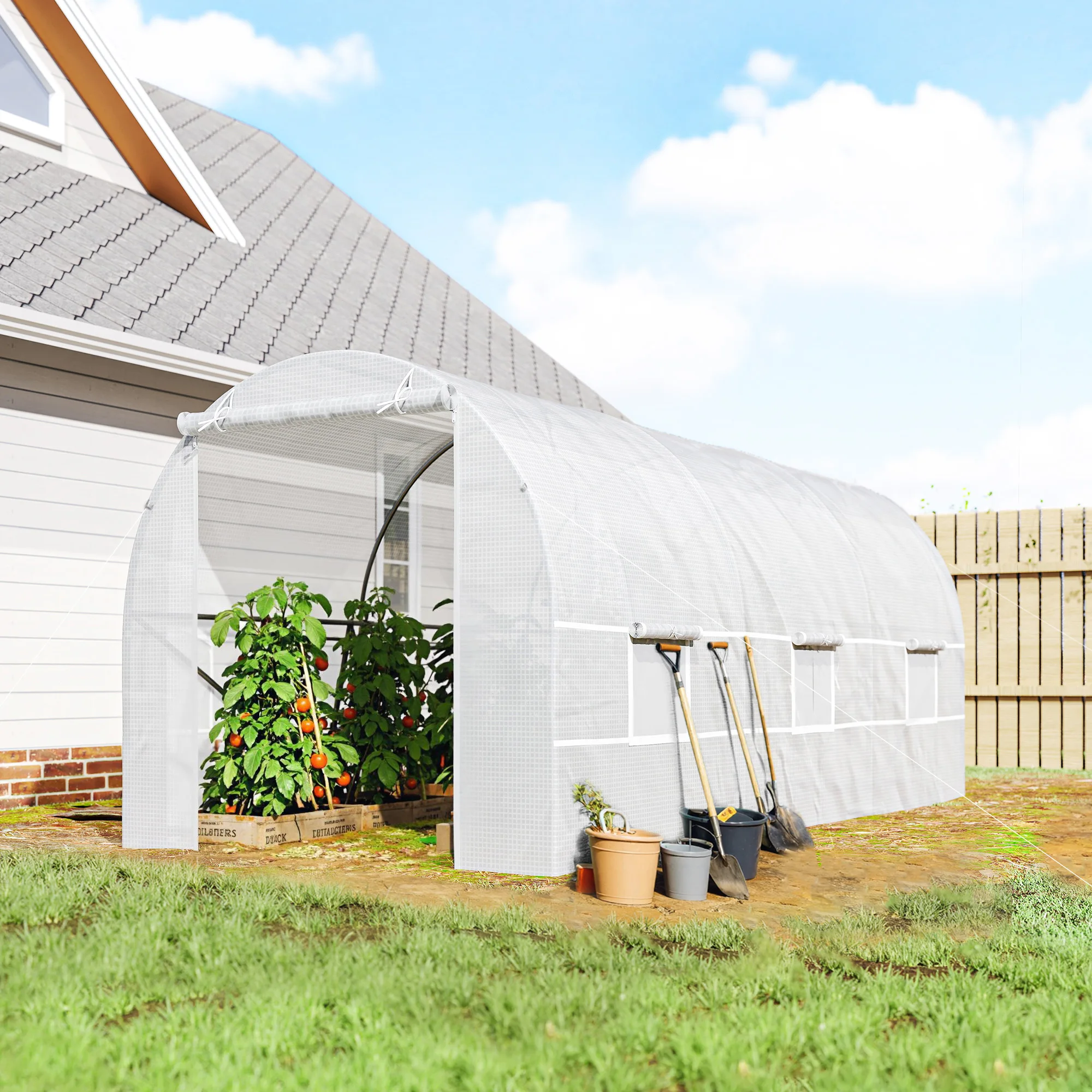 Walk-In Tunnel Greenhouse with Roll-Up Front Door and Six-Sided Windows