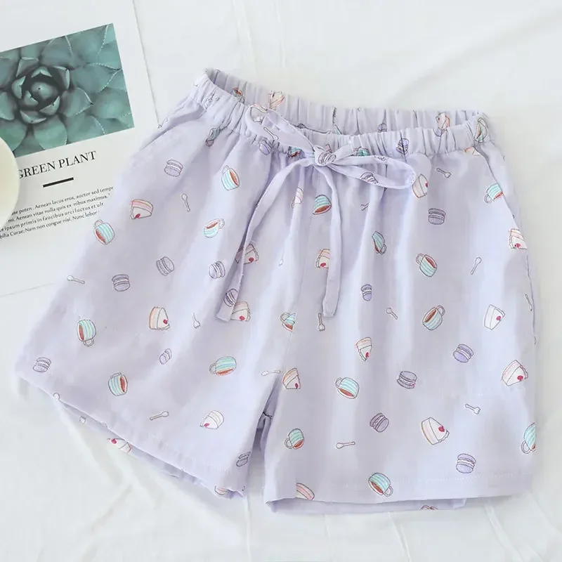 Pantalones cortos de algodón para mujer, pantalones de pijama de doble gasa para el hogar, ropa de dormir informal para la playa, Verano