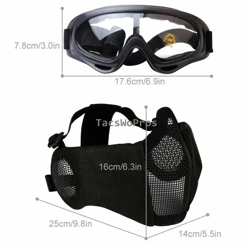 Half Face Airsoft Mask with Goggles Low Carbon Steel Mesh Ear Protection Shooting Mask Set Tactical Mask Hunting Accessories