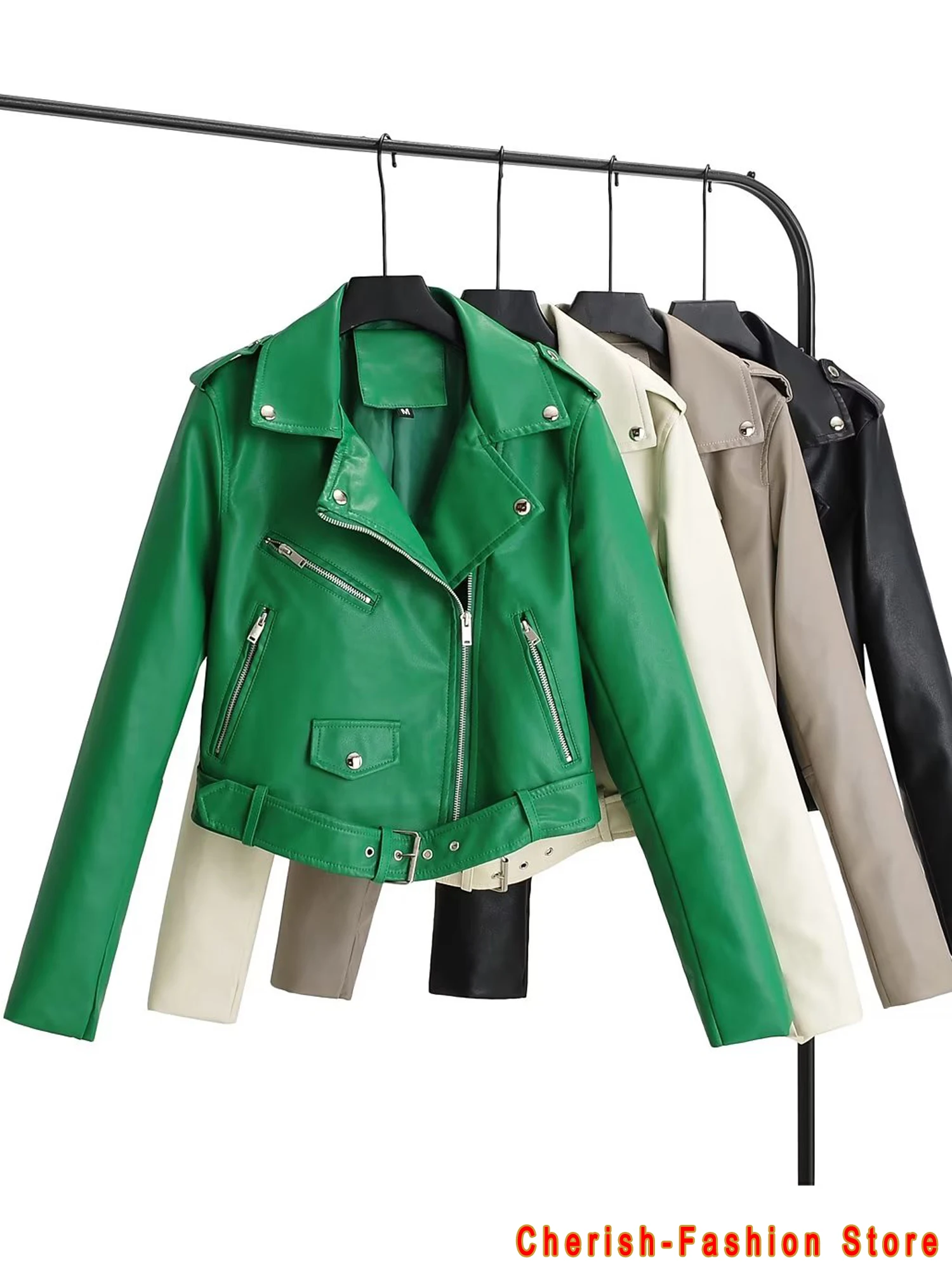 New Arrival 2023 brand Winter Autumn Motorcycle leather jackets Green leather jacket women leather coat  slim PU jacket Leather