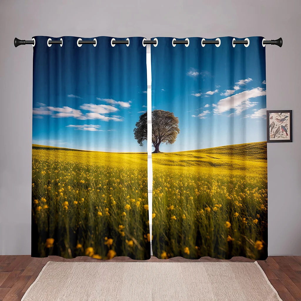 2 Pcs Spring Rapeseed Flower Field Curtains Natural Scenery Blue Sky Single Tree Print Living Room Bedroom Decorative Curtains