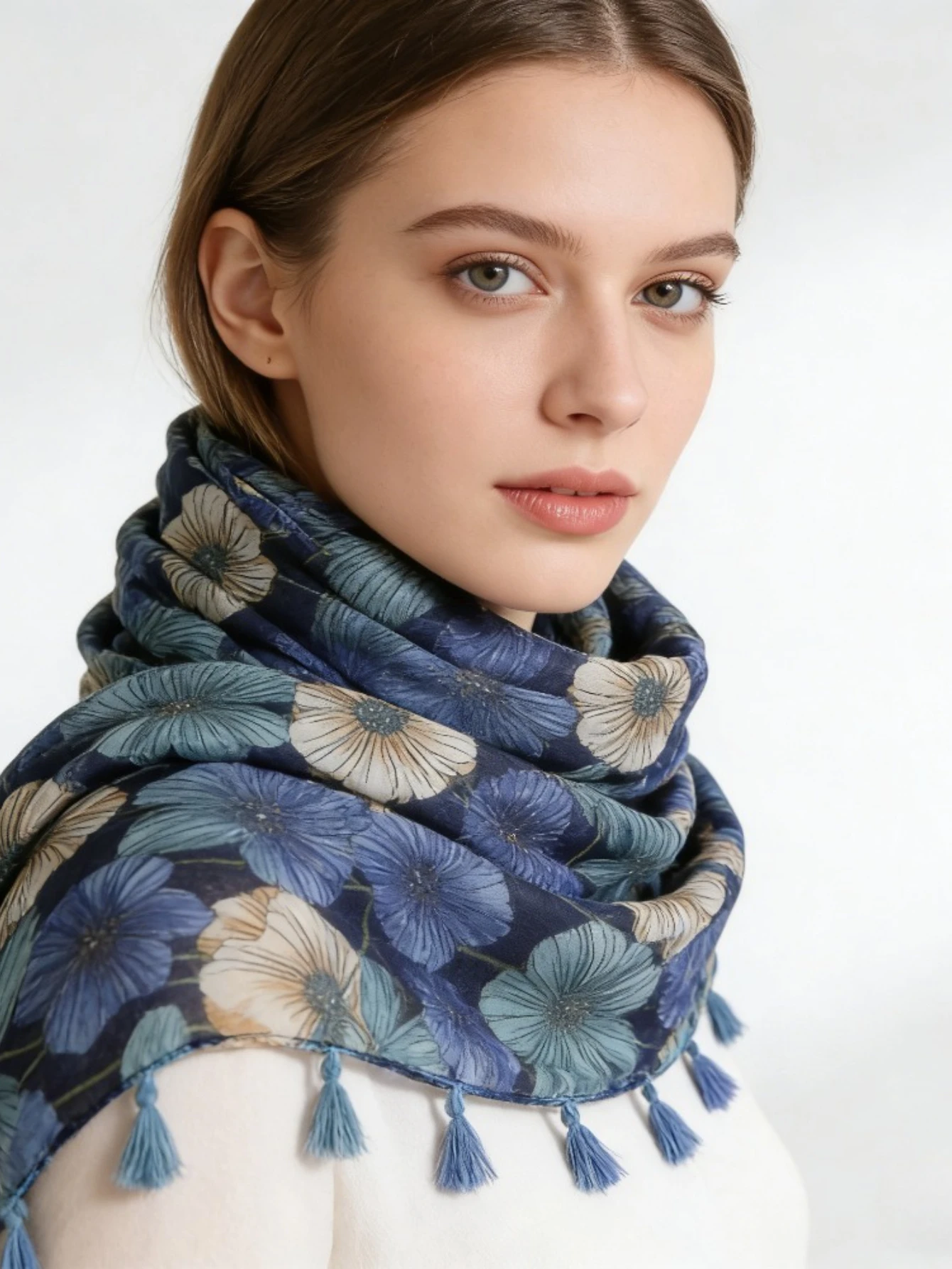 1PC blues floral print fringed scarf retro floral light shawl literary silk scarf women muslim headscarf women view 4