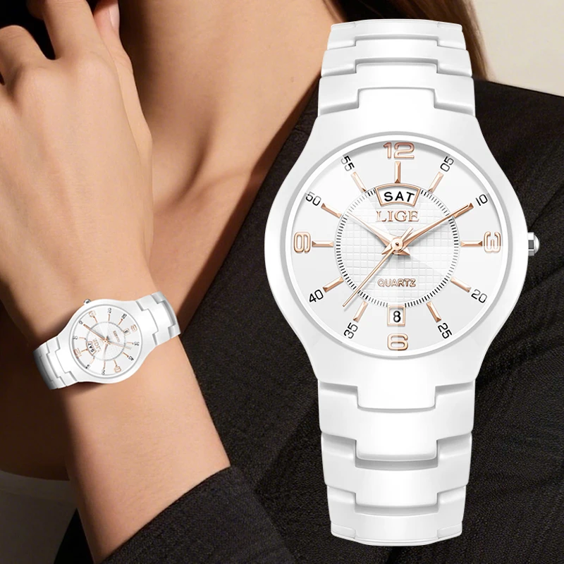 

LIGE New Elegant Women's Watch Calendar Fashion Waterproof Ceramic Vintage clock wristwatch quartz Watch for Women montre femme