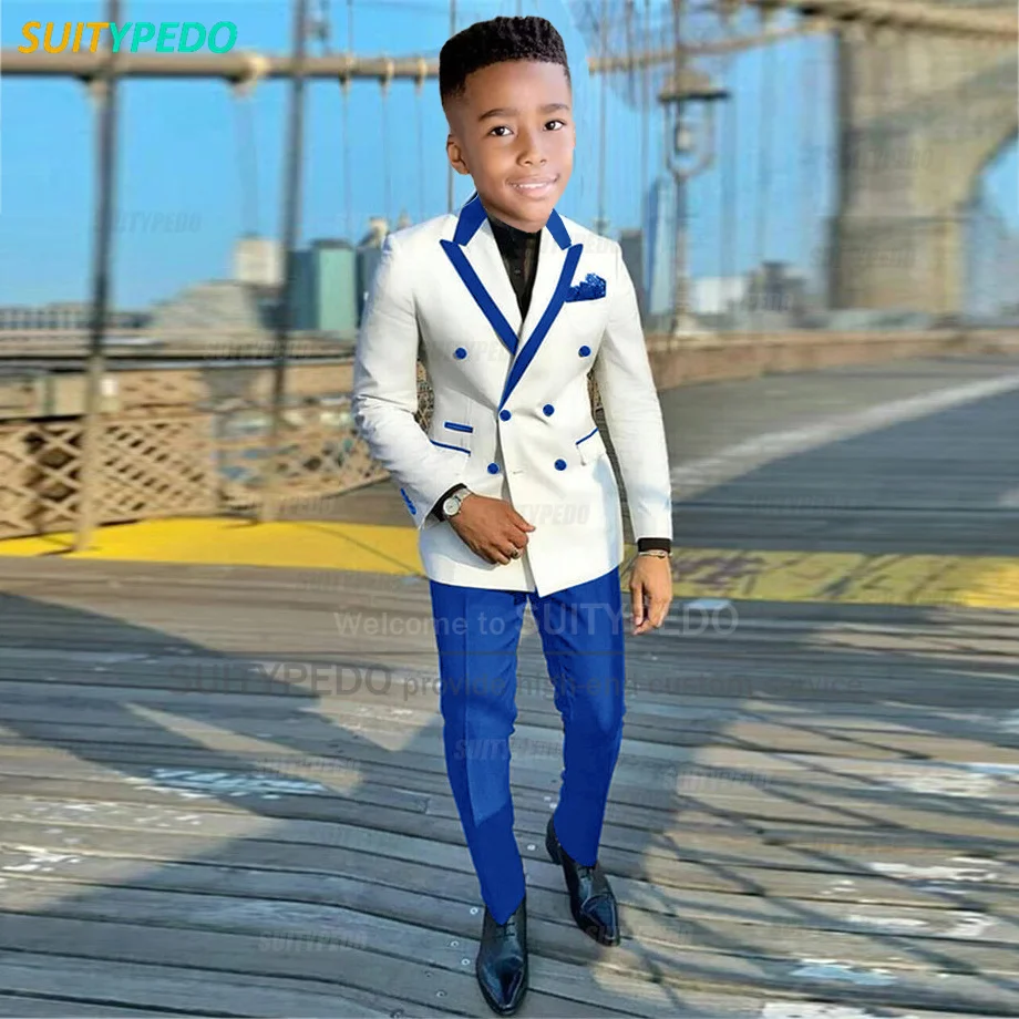 Blazer et pantalon à double boutonnage pour garçons, uniforme scolaire en gros, double boutonnage, zones trempées, blanc, bleu royal, fête d'enfant, mode personnalisée, 2 pièces