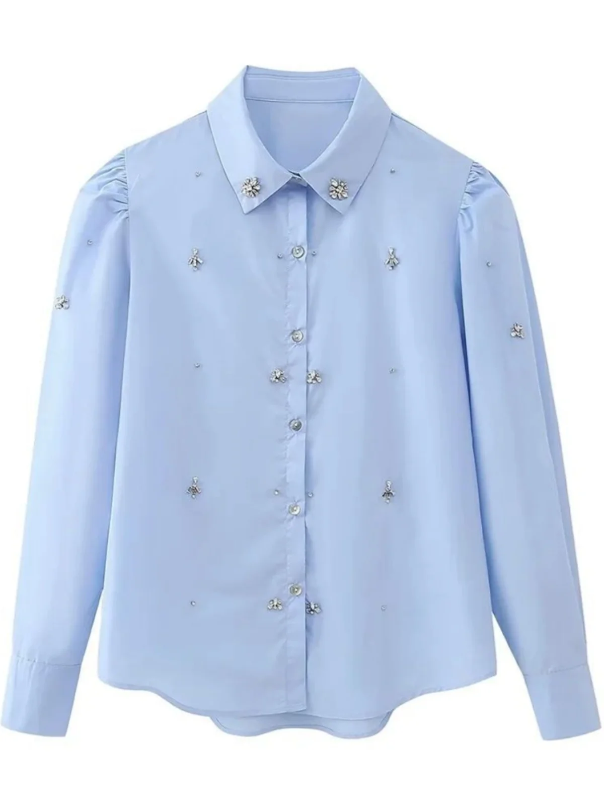 

Beaded Button-Up Long Sve irt Stand Collar Faionable Women's Premium irt without Brand Registered Trademark
