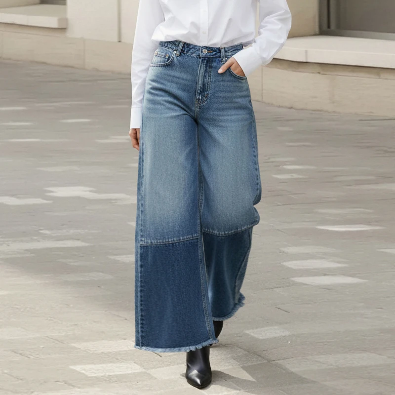

Women Wide Leg Denim Pants 2026 women's casual dresses Blue High Waist Fringed Contrast Color Patchwork Urban Casual Jeans