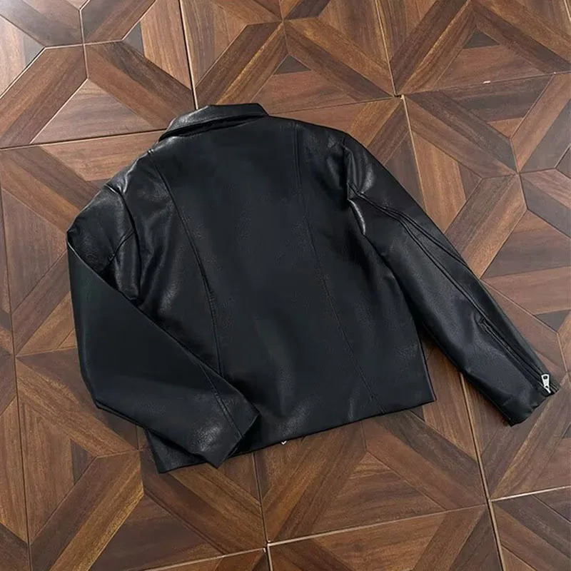 Black Lapel Pleated Pu Leather Jacket 2026 Autumn New American Casual Fashion High Street Simple Men Zipper Windproof Coat