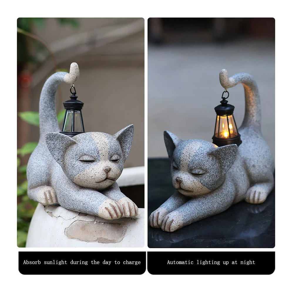 Gato bonito Jardim Estátua com Lanterna Solar, estatueta impermeável, Desvanecer-se Resistente, Resina Kitten Figurine, Art Decorações, Quintal ao ar livre