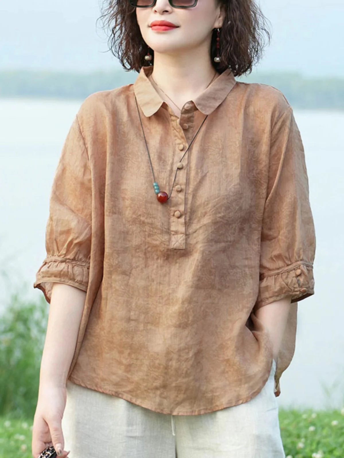 

Premium Cotton Linen irt Women's Summer Thin Faionable ort Sve Loose Fit Button up Pure Color Stand Collar Top