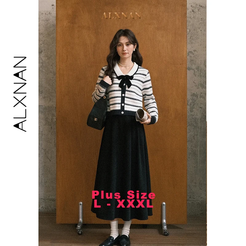 ALXNAN حجم كبير سترة مخططة القوس الخامس الرقبة واحدة الصدر المرأة محبوك سترة 2025 خريف شتاء فضفاضة تناسب القمم D57521 #1