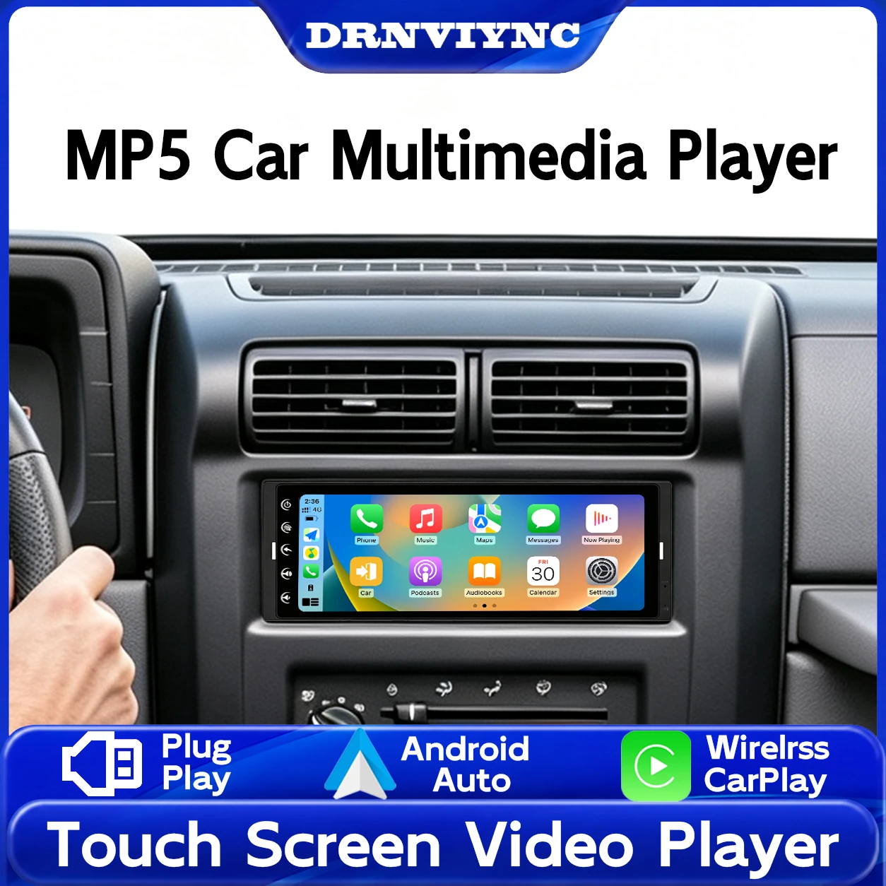 DRNVIYNC Single DIN Android10  IPS Screen Wireless Carplay Android Auto Airplay Car Radio MP5 Player Stereo Bluetooth FM Fast Charge  Multimedia Video Player