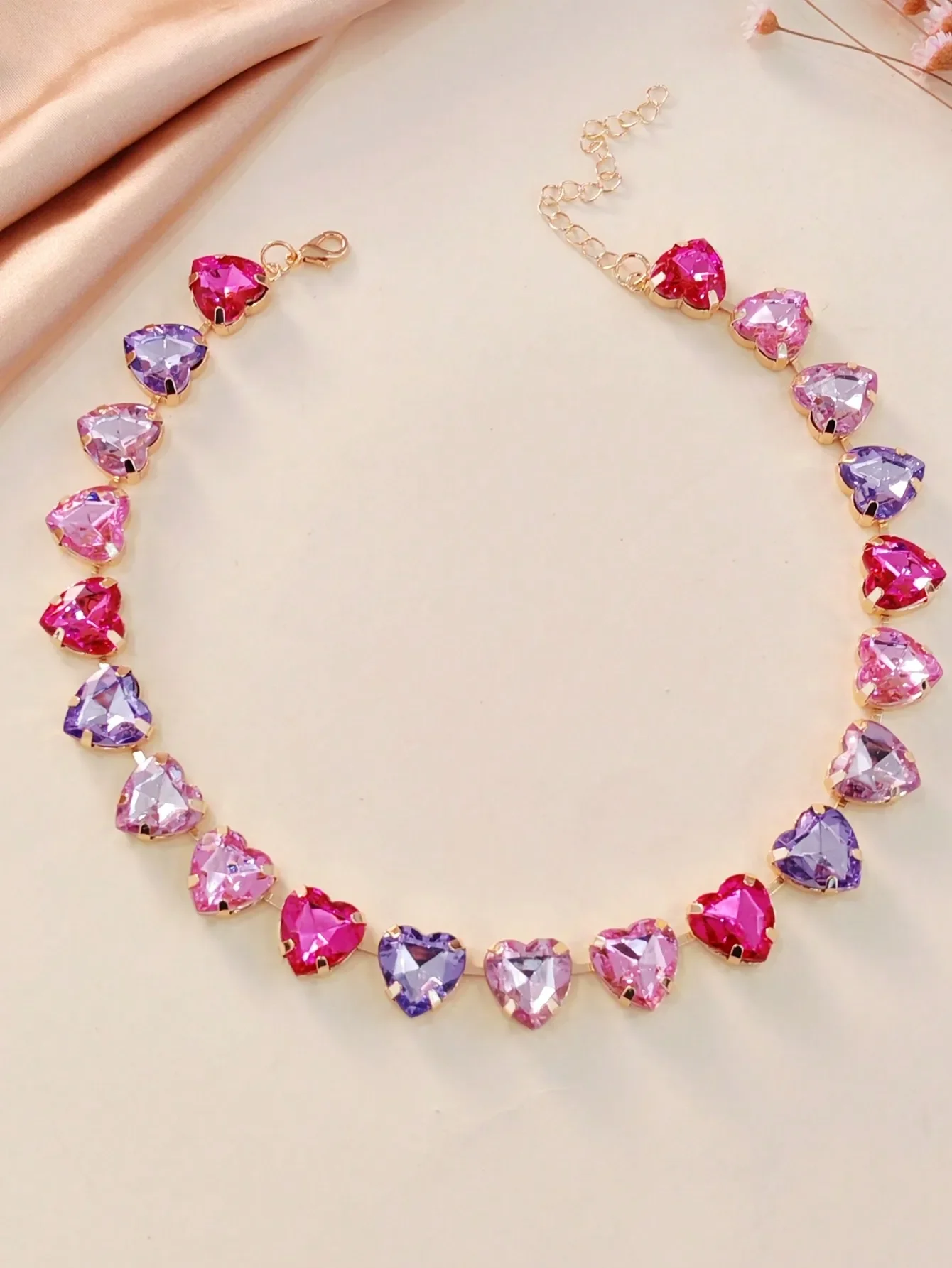 

Heart-Shaped Crystal Pendant Necklace in Ombre Pink Purple Tones, Gold-Tone Chain for Women