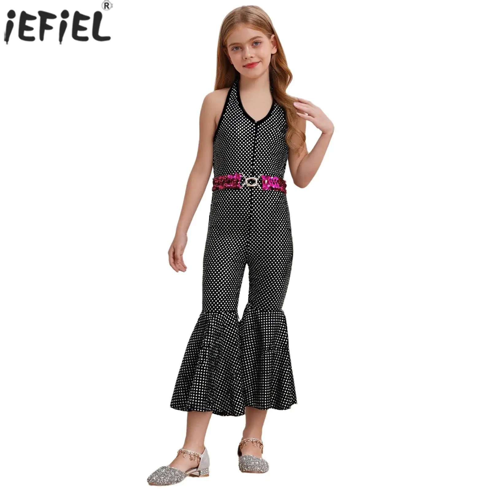Kids Girls Retro Disco Jumpsuit Shiny Sequins Halter Sleeveless Flare Pants Bodysuit for Hippie Rave Party Stage Performance