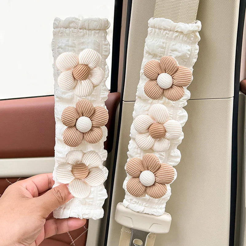 Cute Beige Flowers Puff Car Seat Belt Cover Soft Seatbelt Shoulder Pad Protector Auto Neck Support Cushion For Women Girls