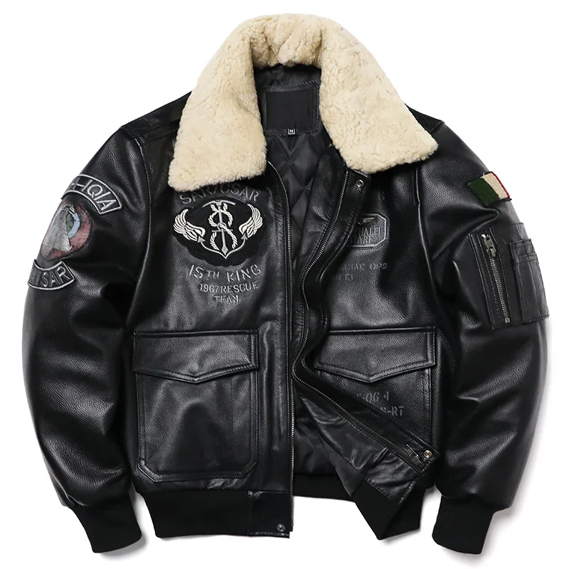 

New Wool Collar Air Force Flight Jacket Natural Cowhide Genuine Leather Coat Men's Embroidery Jackets Fashion Motorcycle Cloth