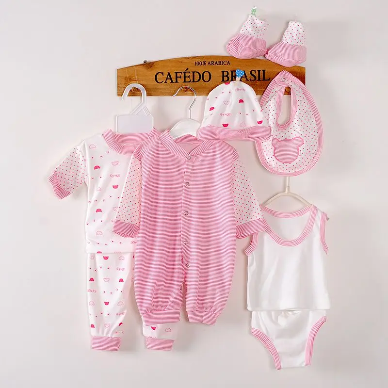 8PCS Newborn Baby Clothing Set For Boys Girls Love Print Long Sleeve Bodysuit Infant Hat Sock Short Sleeved Suit 0-12M