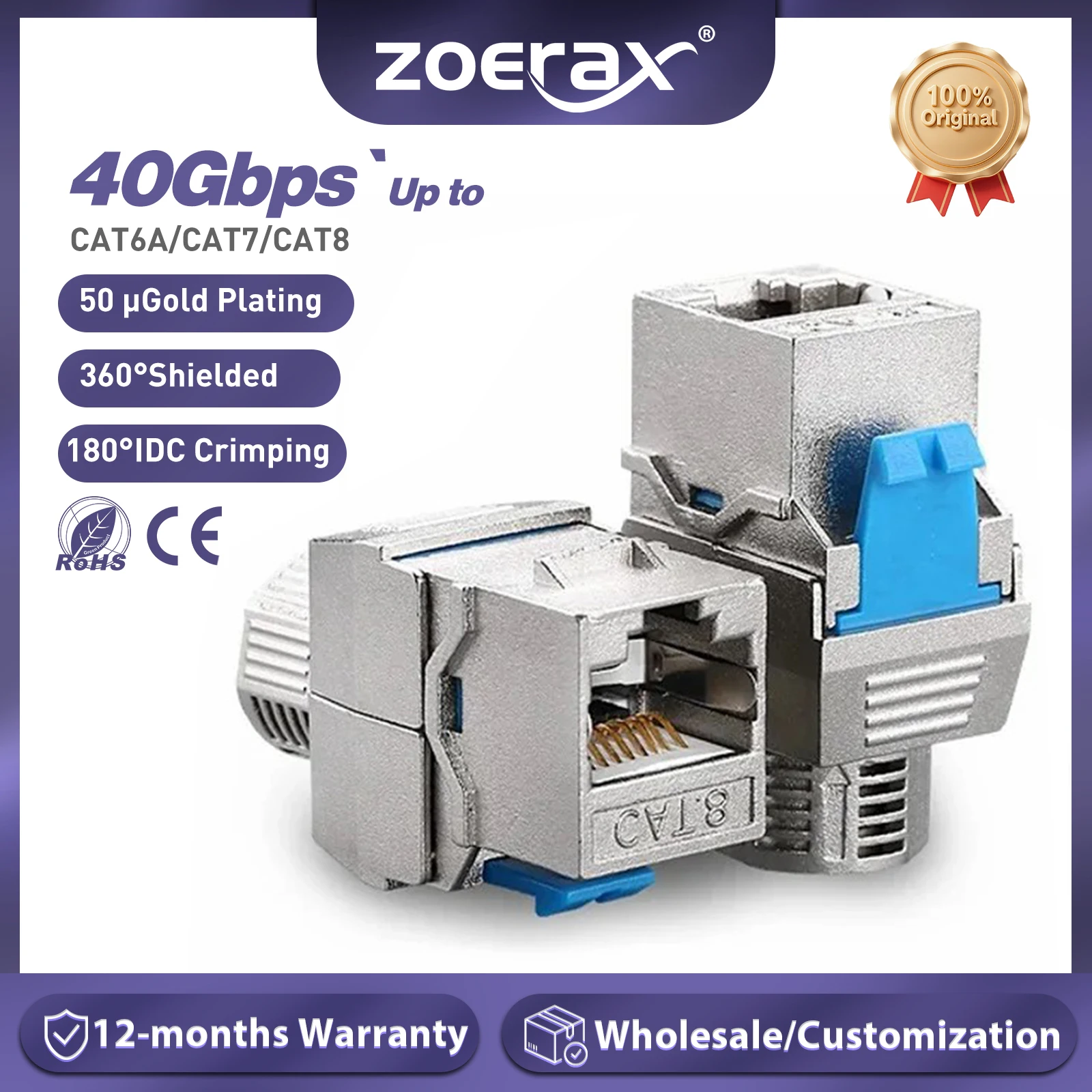 ZoeRax Gniazdo Keystone Cat6a Cat7 Cat8, Moduł RJ45 STP Bez Użycia Narzędzi, Ze Stopu Cynku, Ekranowany Adapter Keystone, 40 Gigabit