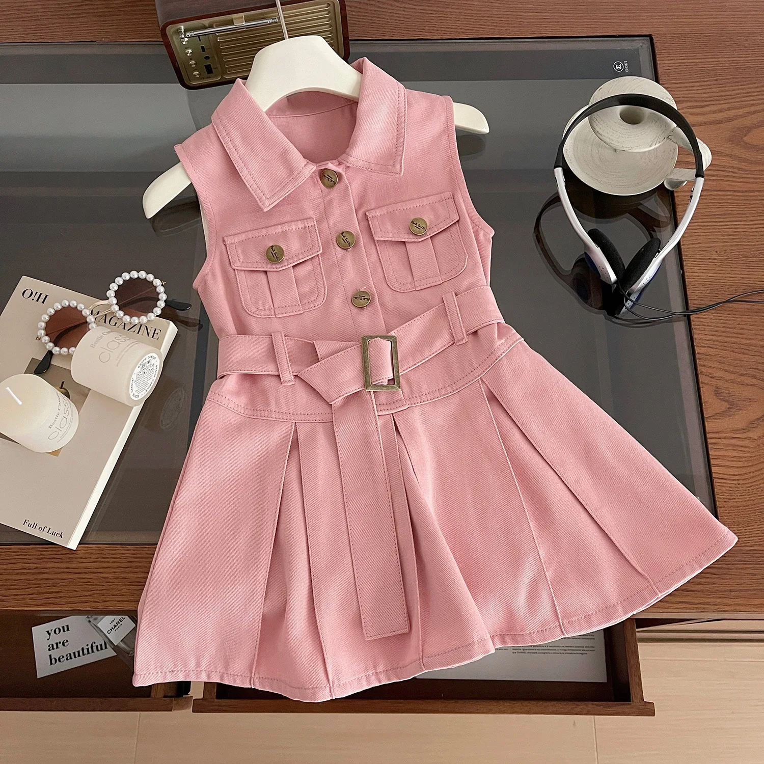 

Girls Ruffle Dresses Children Clothing 2024 Summer New Fashion Korean Sleeveless Turn-down Collar Belt Slim-fit Denim Dress Pink