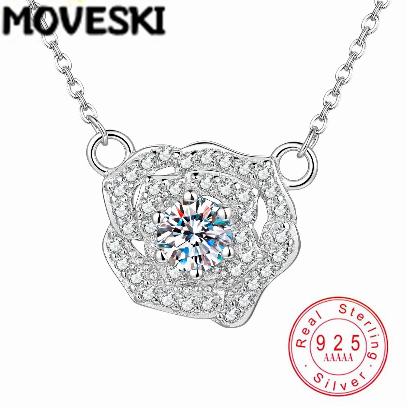 MOVESKI 0.5CT Moissanite Rose Pendant Necklace 925 Sterling Silver Flower Necklaces for Women Romantic Wedding Jewelry