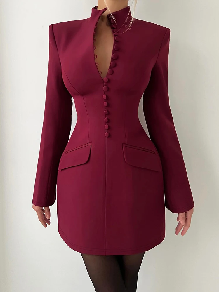 Sisterlinda ESingle Breasted Kleid Frauen Herbst legant Büro Trend Stehkragen Einfache Feste Straße Pendeln Dünne Anzug Bodycon