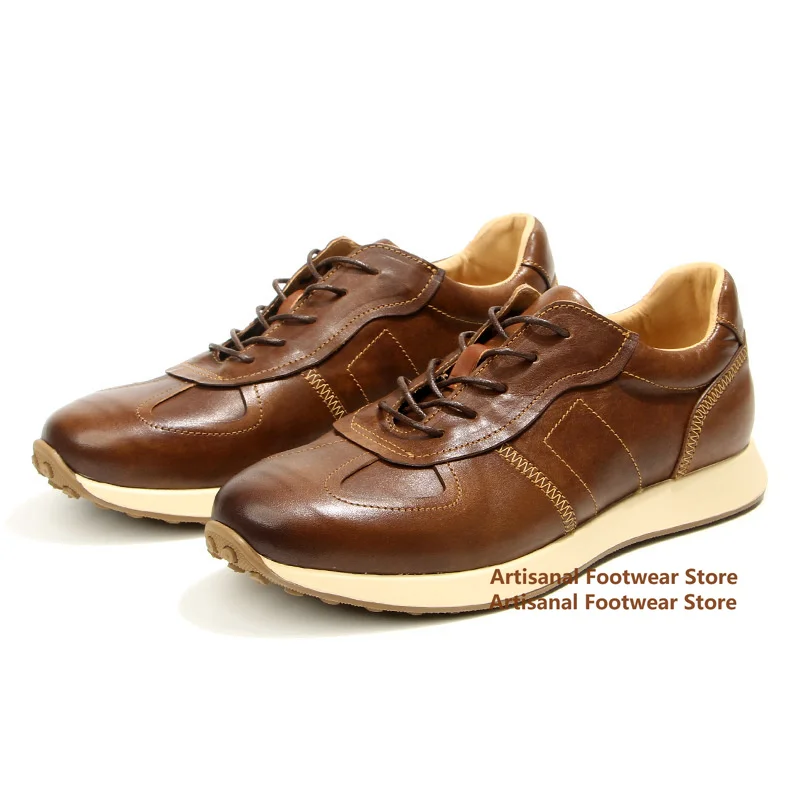 

Cowhide Height Increasing Sneakers Thick-Soled Lace-Up Leather Casual Shoes British Style Men's Shoes Handmade Men's Shoes