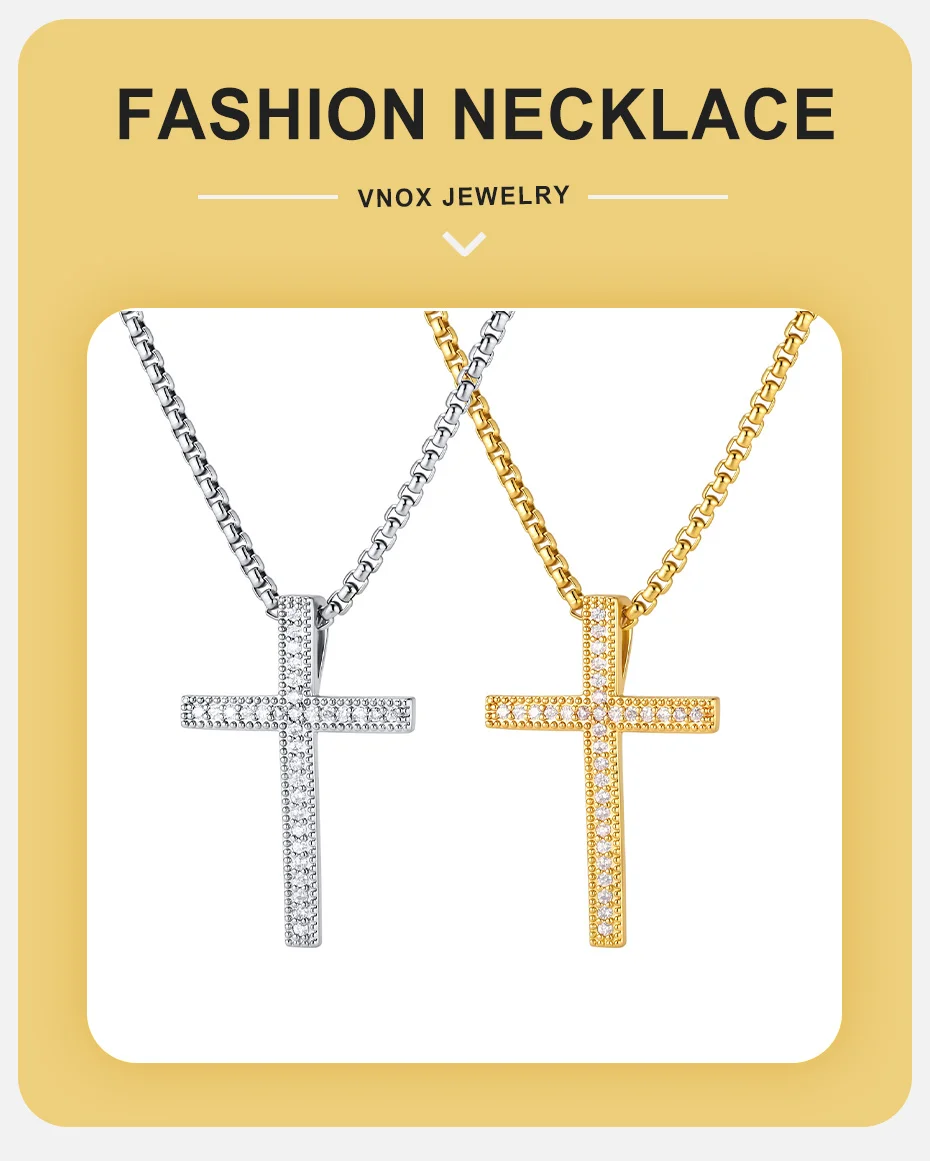 Vnox Gold Silberfarbene Kreuz-Anhänger-Halskette für Männer, Kupfer-Anhänger-Halskette, Christlicher Religiöser Hip-Hop-Modeschmuck Geschenk – Detail 1