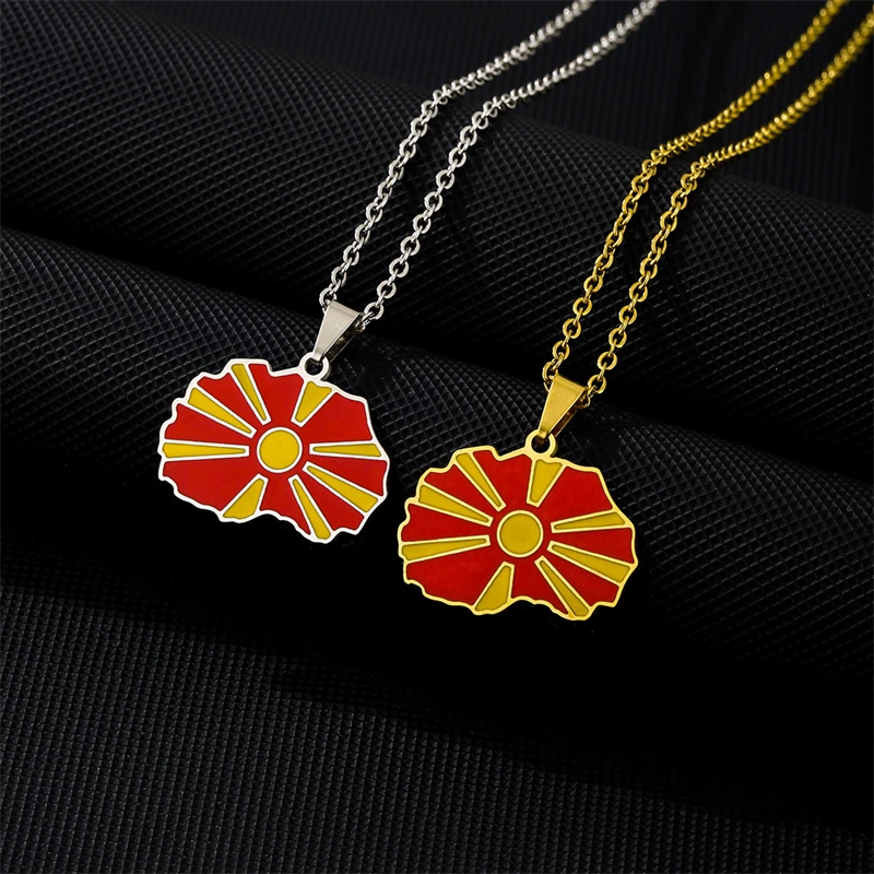 Enamel North Macedonia Map Flag Pendant Necklaces For Women Girls Silver Color/Gold Color Stainless Steel Patriotic Jewelry