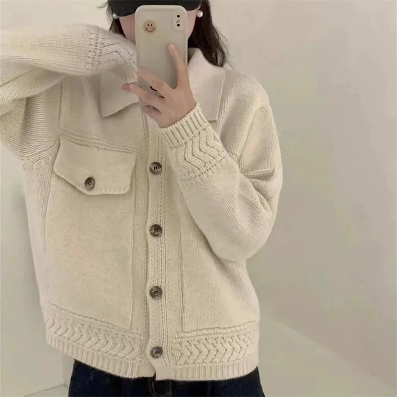 

2024 Female Knitted All Match Cardigan Autumn Winter New Lapel Sweater Long-sleeved Coat Women's Fashion Sweaters Jumper LJ770