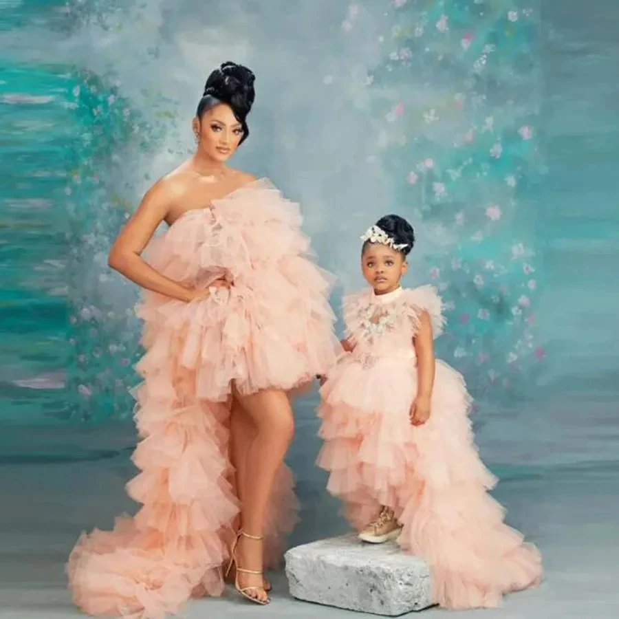 

Puffy Tulle Mother Daughter Dress High Low Mommy and Me Dresses for Family Look Layered Photoshoot Peach Pink Party Gown
