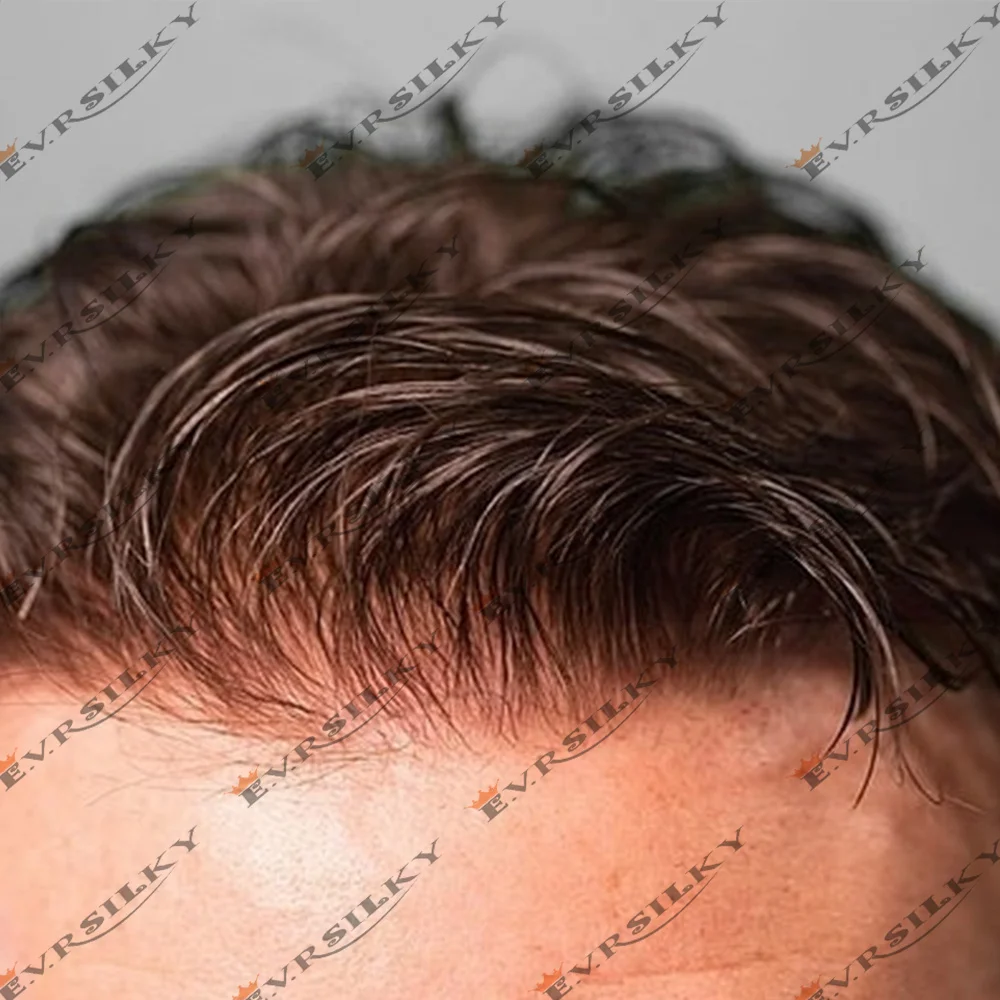 Super Thin Skin 0.02mm Transparent Pu White Grey Ash Brown Natural Hairline Men Toupee Human Hair 80%Density Silicon Prosthesis