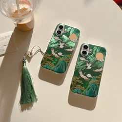 Auspicious INS Green Mountain Chinese Style Crane Tassel Dangle Phone Case for iPhone 17 16 15 14 13 Pro Max Back Phone Cover